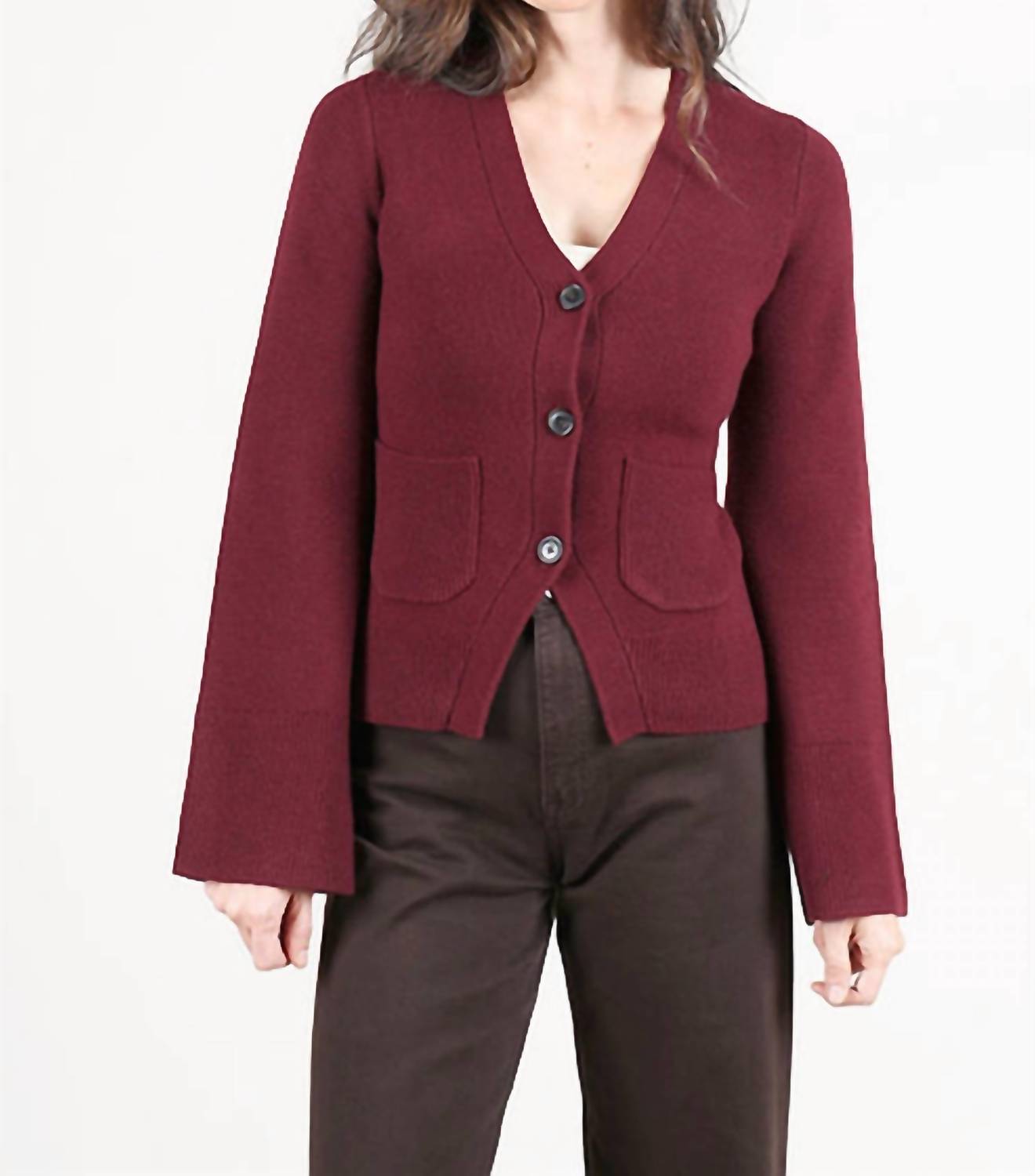 PISTOLA Aeron V-neck Cardigan in claret 2 - women's cardigan