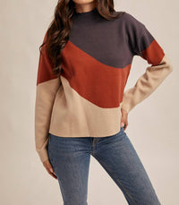 Hem & Thread Color Block Wave Mock Neck Sweater in navy brick taupe - women's sweater