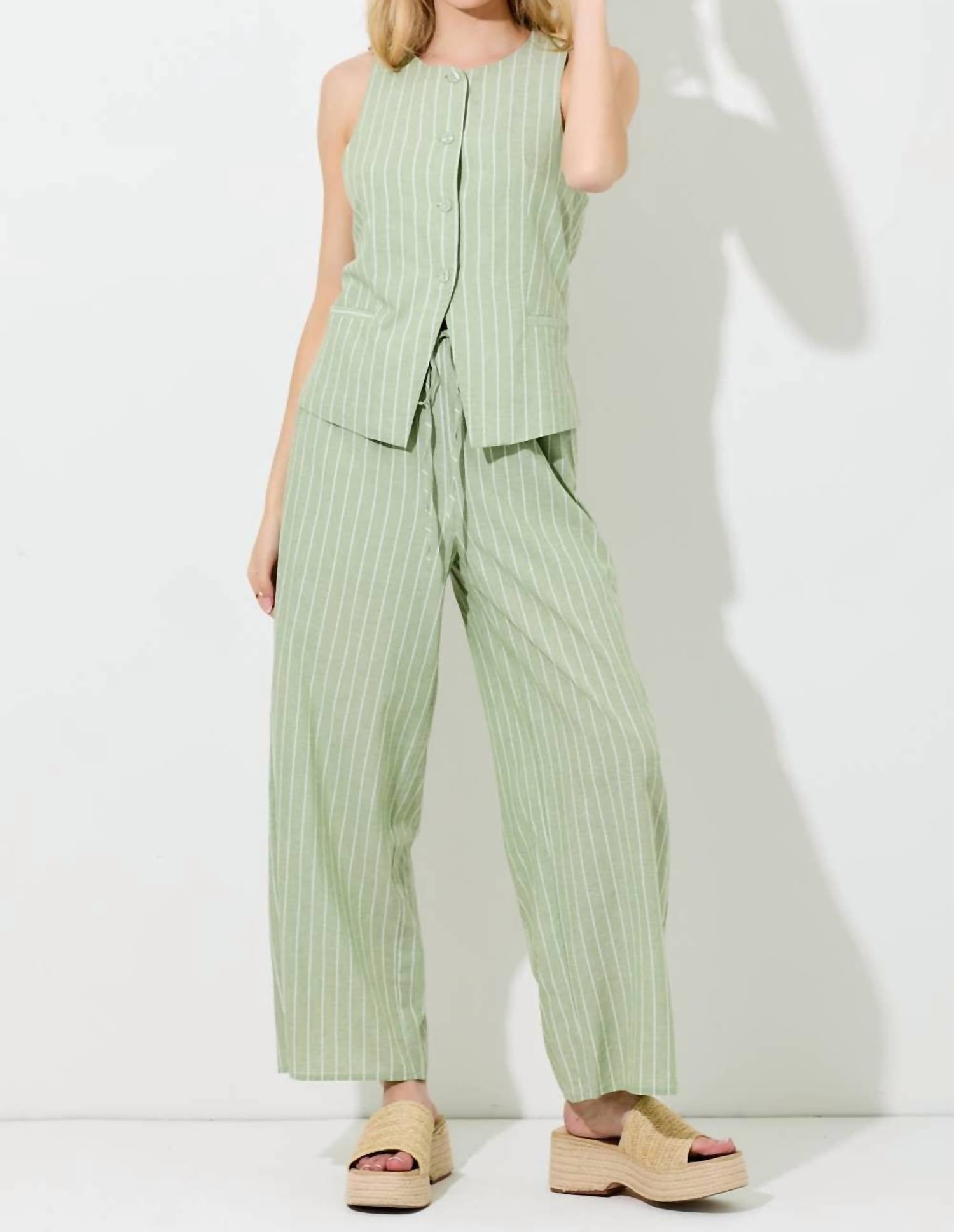 Baevely by Wellmade Leanna Pinstripe Button Vest in matcha ivory - women's tank top