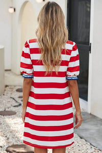 Little Daisy Closet - Stripe Contrast Trim Puff Sleeve Shift Dress