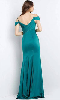 Jovani - Cold Shoulder Pleated Bodice High Slit Long Dress