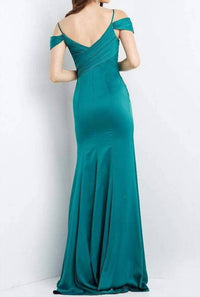 Jovani - Cold Shoulder Pleated Bodice High Slit Long Dress
