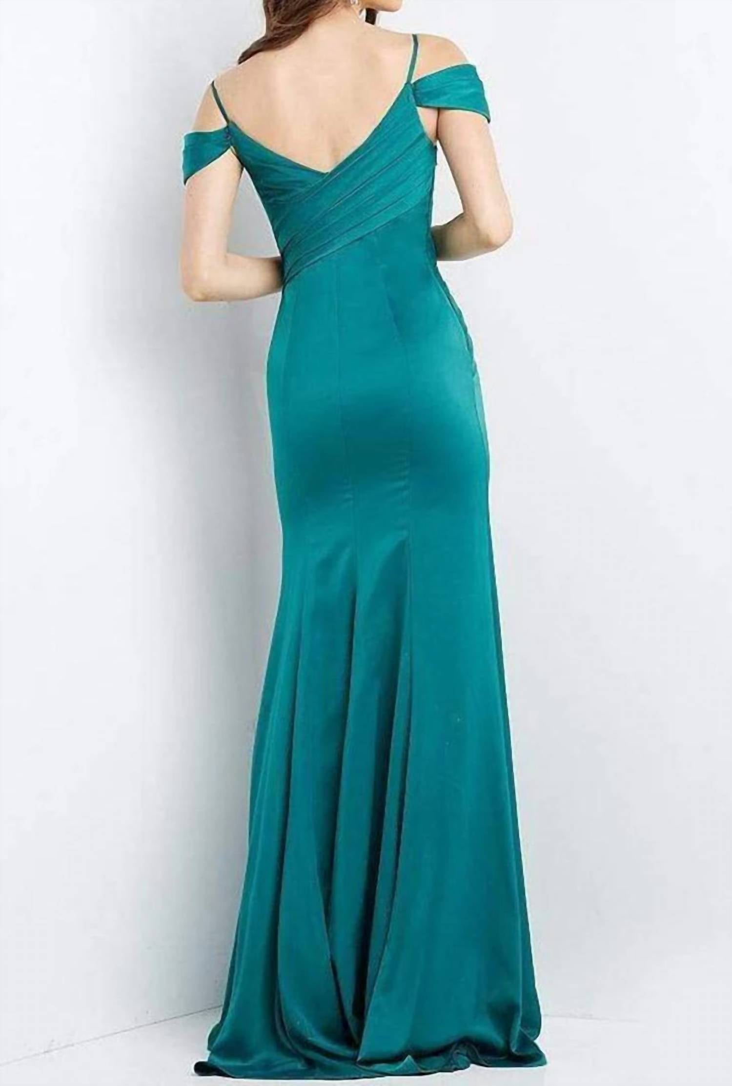 Jovani - Cold Shoulder Pleated Bodice High Slit Long Dress