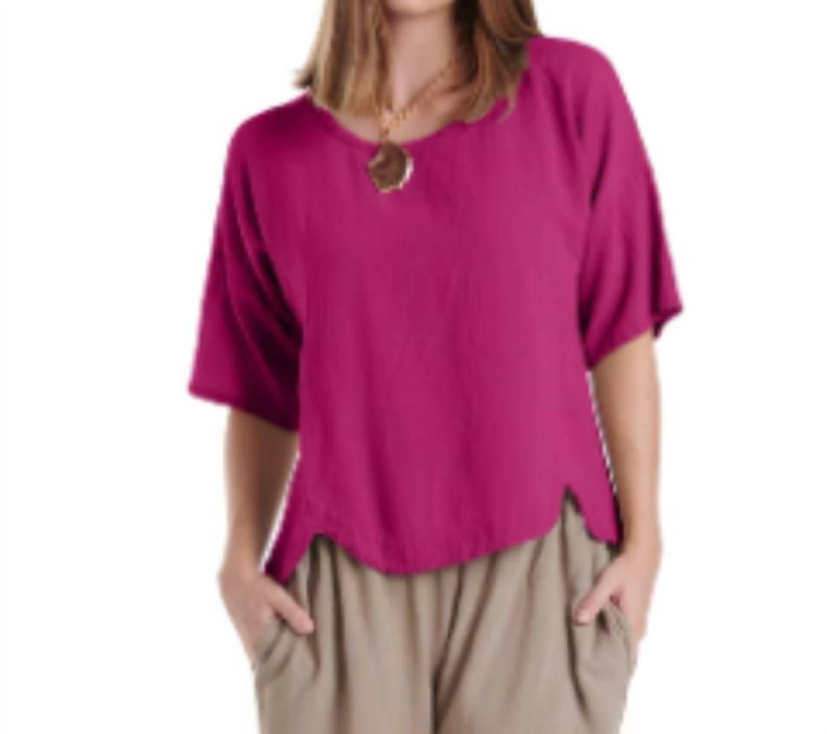 Oh My Gauze! Scallop Cotton Top in fuchsia - women's blouse - detail view