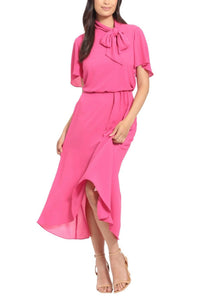 London Times - Side Tie Flutter Sleeve Blouson Midi Dress