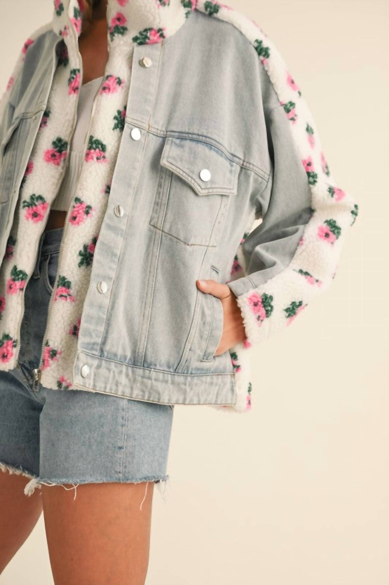 Mable - Carly Floral Shearling & Denim Jacket