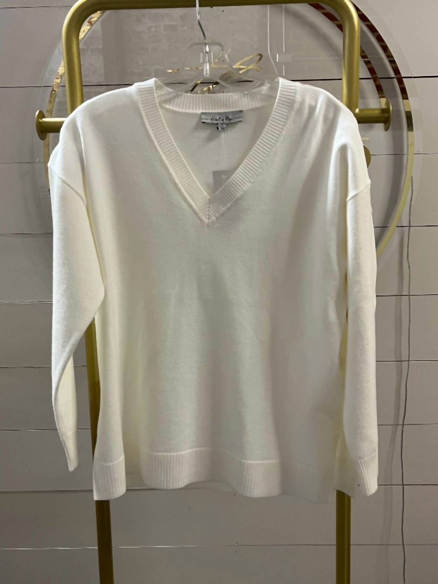 Heart of Pine Jersey Stitch V Neck Sweater in winter white - women's sweater - alternate view