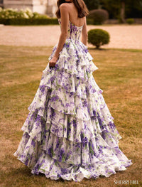 Sherri Hill Ruffle Skirt Strapless Floral Dress in ivory purple green print - women's dress - alternate view