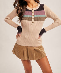 Hem & Thread - Color Block Rib Henley Sweater Top