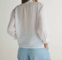 Bella Dahl Women's Quarter Sleeve Tie Neck Blouse in white - women's blouse - detail view