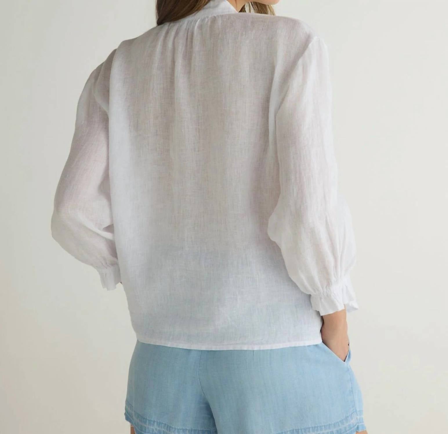 Bella Dahl Women's Quarter Sleeve Tie Neck Blouse in white - women's blouse - detail view