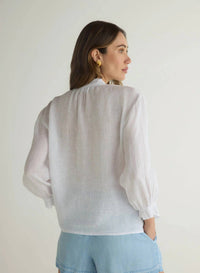 Bella Dahl Women's Quarter Sleeve Tie Neck Blouse in white - women's blouse - alternate view