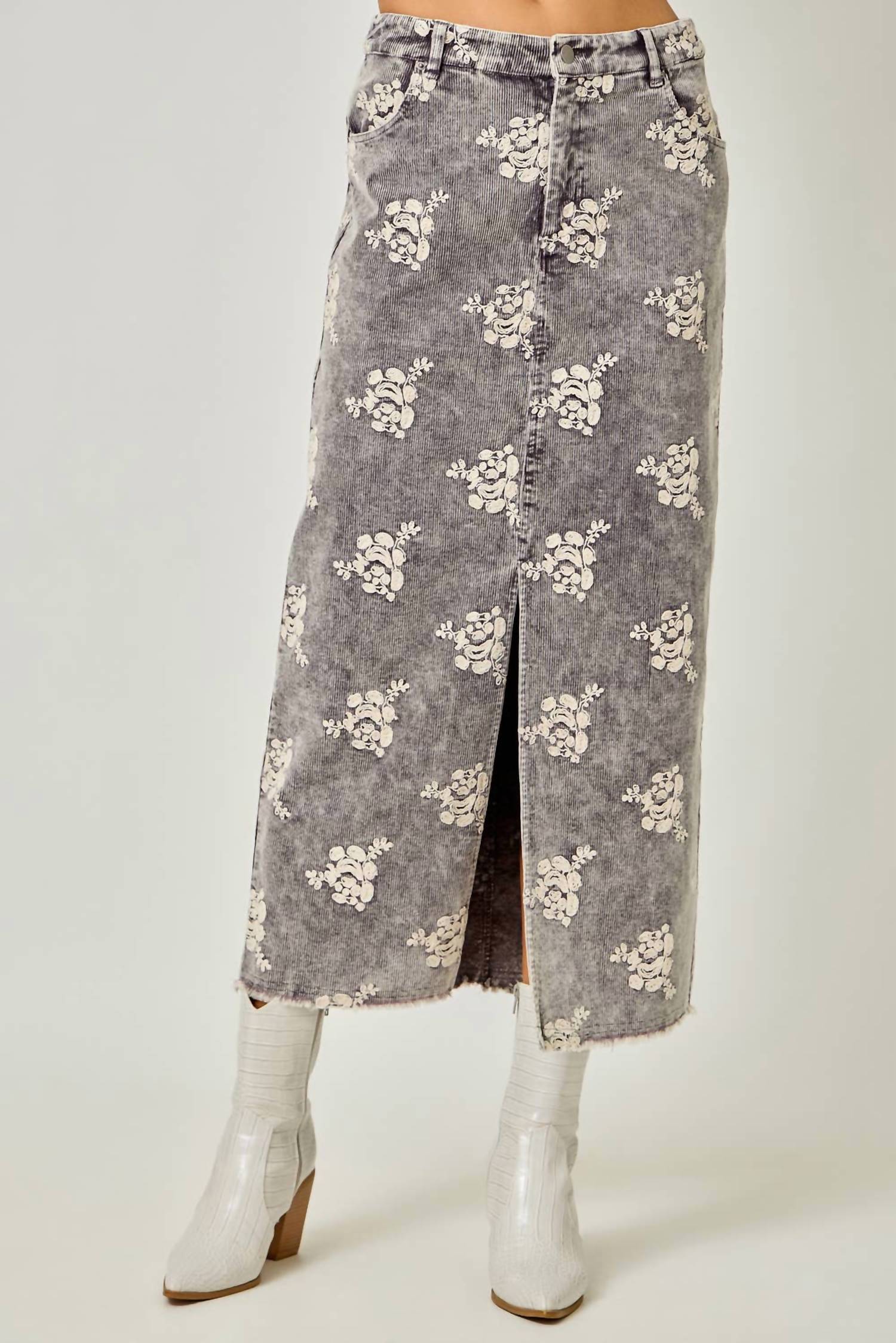 Mystree - Embroidered Front Slit Corduroy Midi Skirt