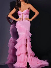 JOVANI Strapless Ruffle Tiered Gown in pink - women's dress