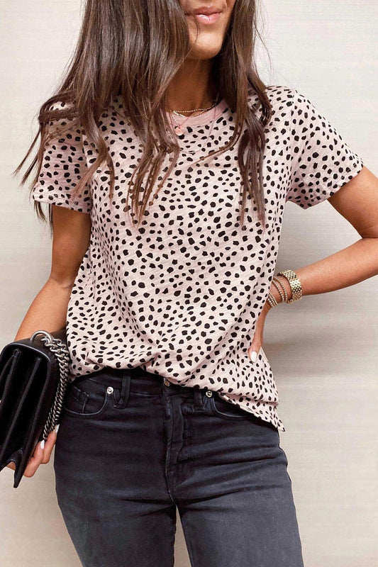 Shewin - Apricot Cheetah Print O-Neck