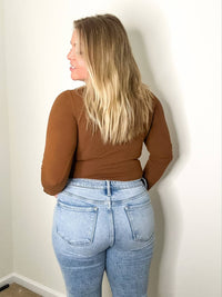 LE LIS Tidal Ribbed Long Sleeve Bodysuit in brown - women's shirt - detail view