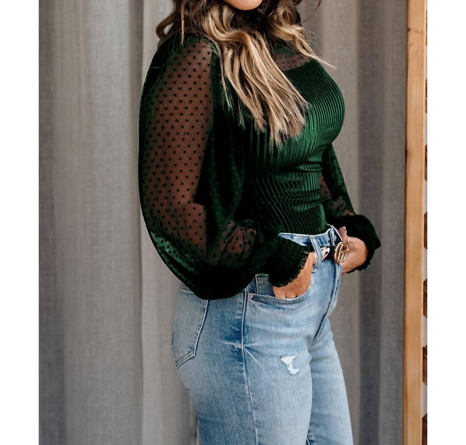 Pretty Bash - Sheer Dotty Long Sleeve Ribbed Velvet Bodysuit