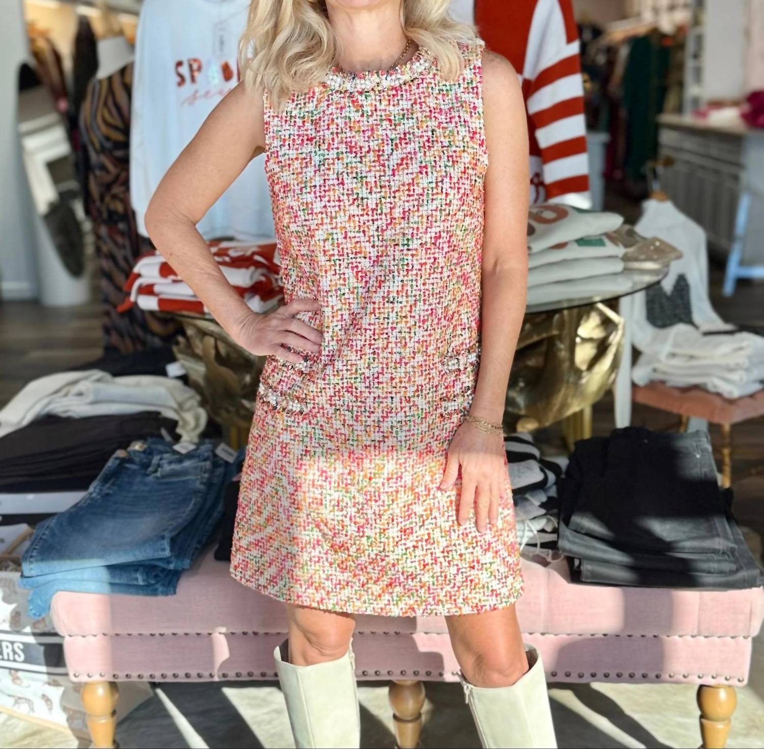 Fate - Pearl Embellished Tweed Shift Mini Dress