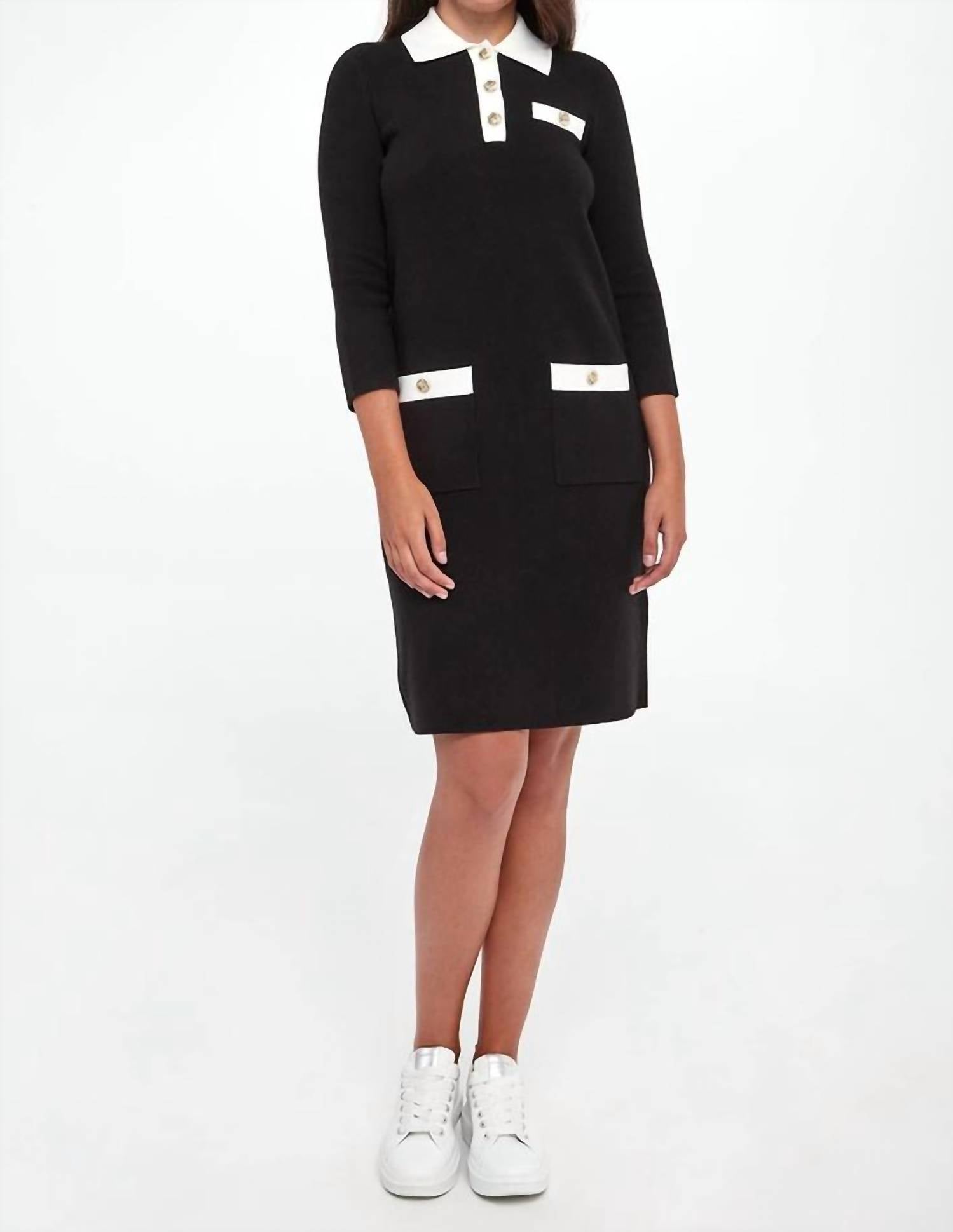 Joseph Ribkoff 3/4 Sleeve Knit Mini Dress in black vanilla 1 - women's dress - detail view