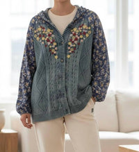 Pol - Embroidered Cable Knit Floral Hoodie Cardigan