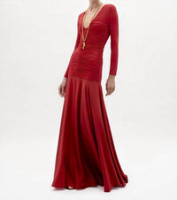 Silvia Tcherassi Lina Long Sleeve V Neck Maxi Dress in rouge - women's dress