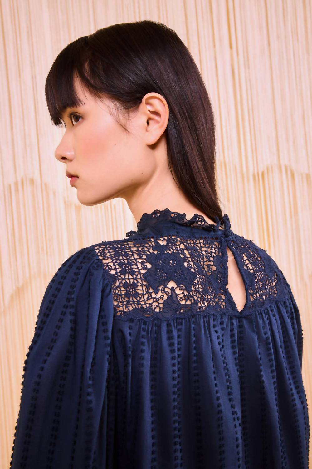 Ulla Johnson Cornelia Long Sleeve Blouse in midnight - women's long sleeve top - detail view