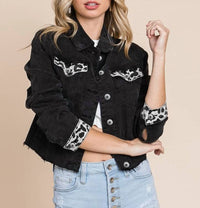 Pretty Bash - Denim Paneled Leopard Print Ripped Jacket