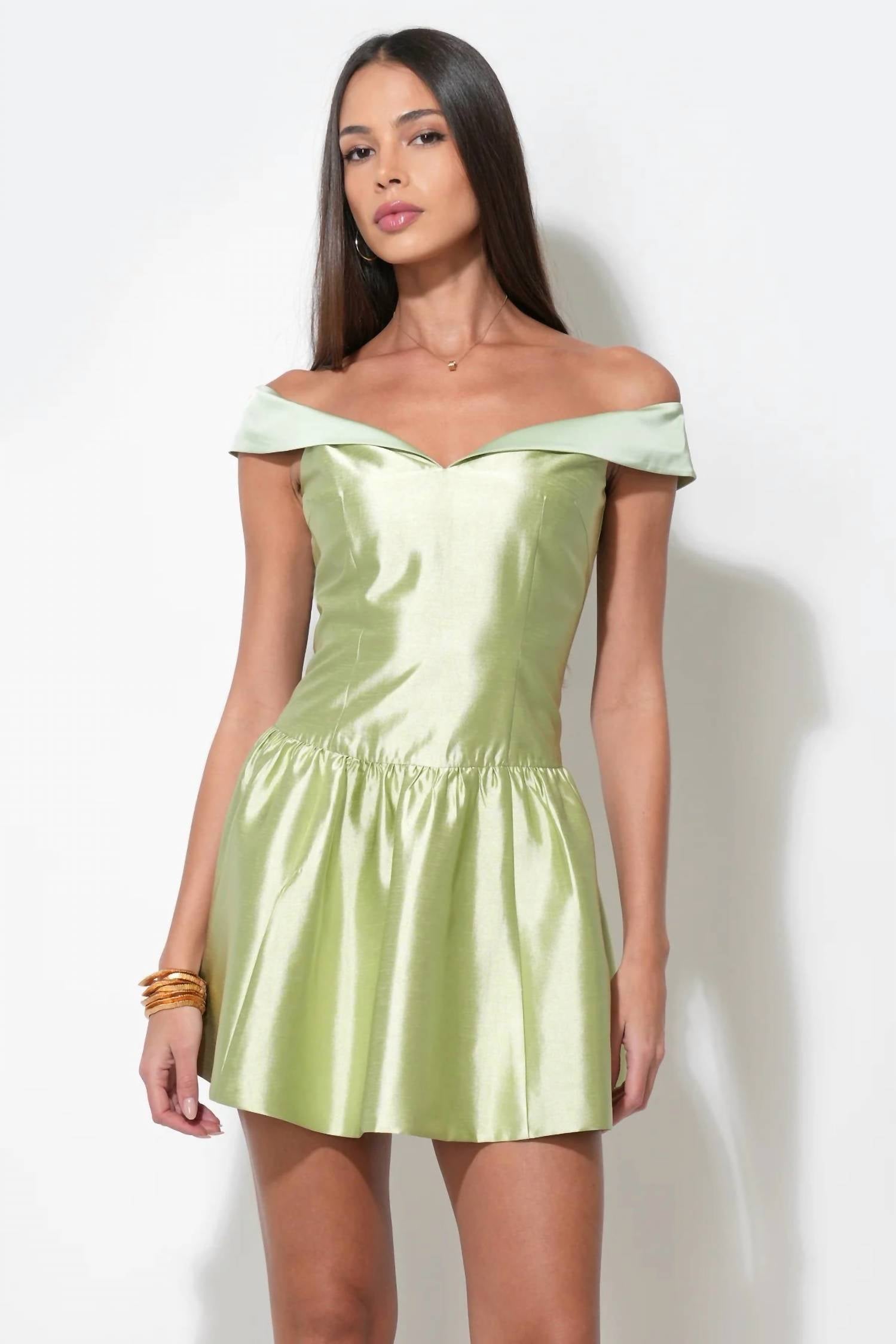Adelyn Rae - Darcy Off Shoulder Satin Drop Waist Mini Dress