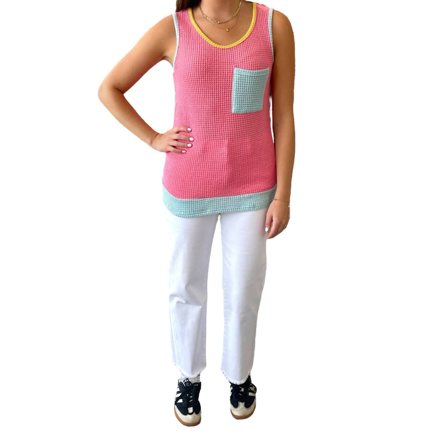 Full Time Purchase - Color Block Patched Pocket Knit Tank Top
