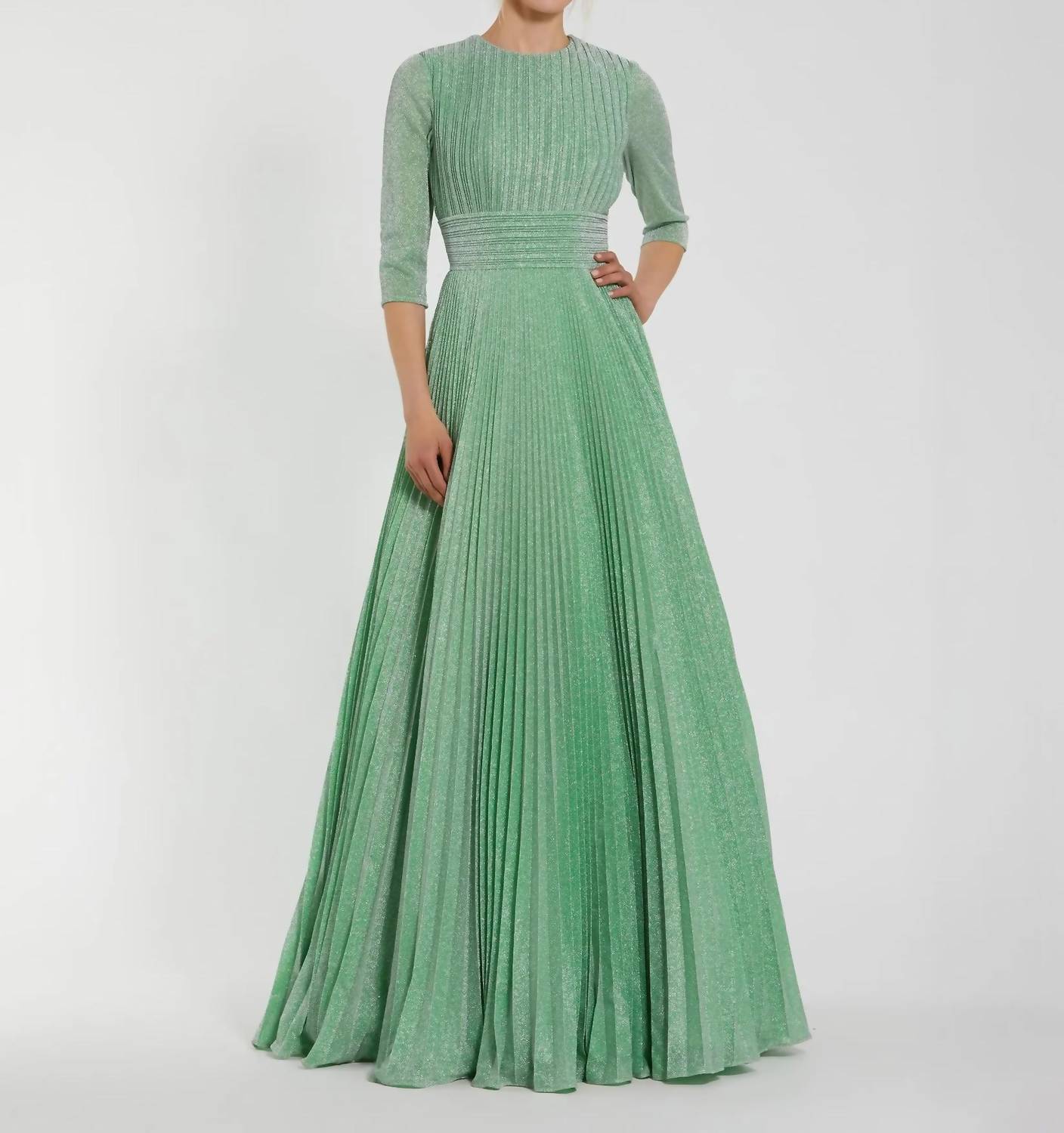 Mac Duggal - Pleated Shimmering 3/4 Sleeve Ball Gown