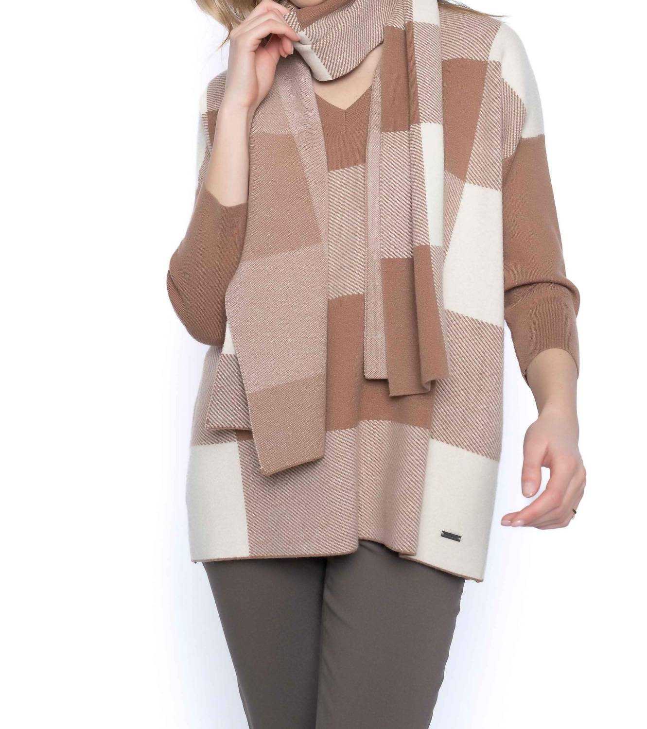 Picadilly - V-Neck Plaid Sweater with Scarf