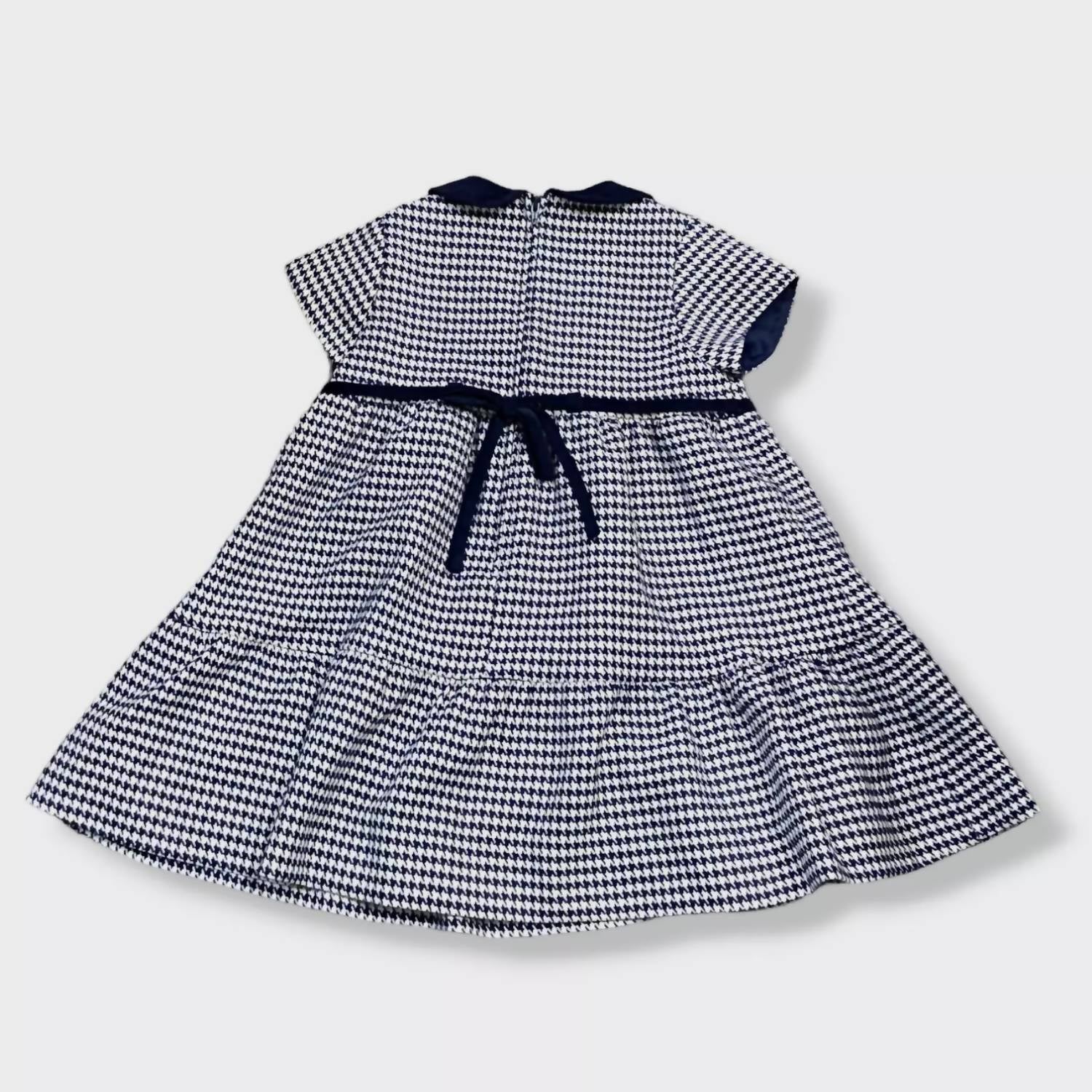 Florence Eiseman Girl's Houndstooth Dress With Flower Belt Detail in navy white - kids' dress - detail view