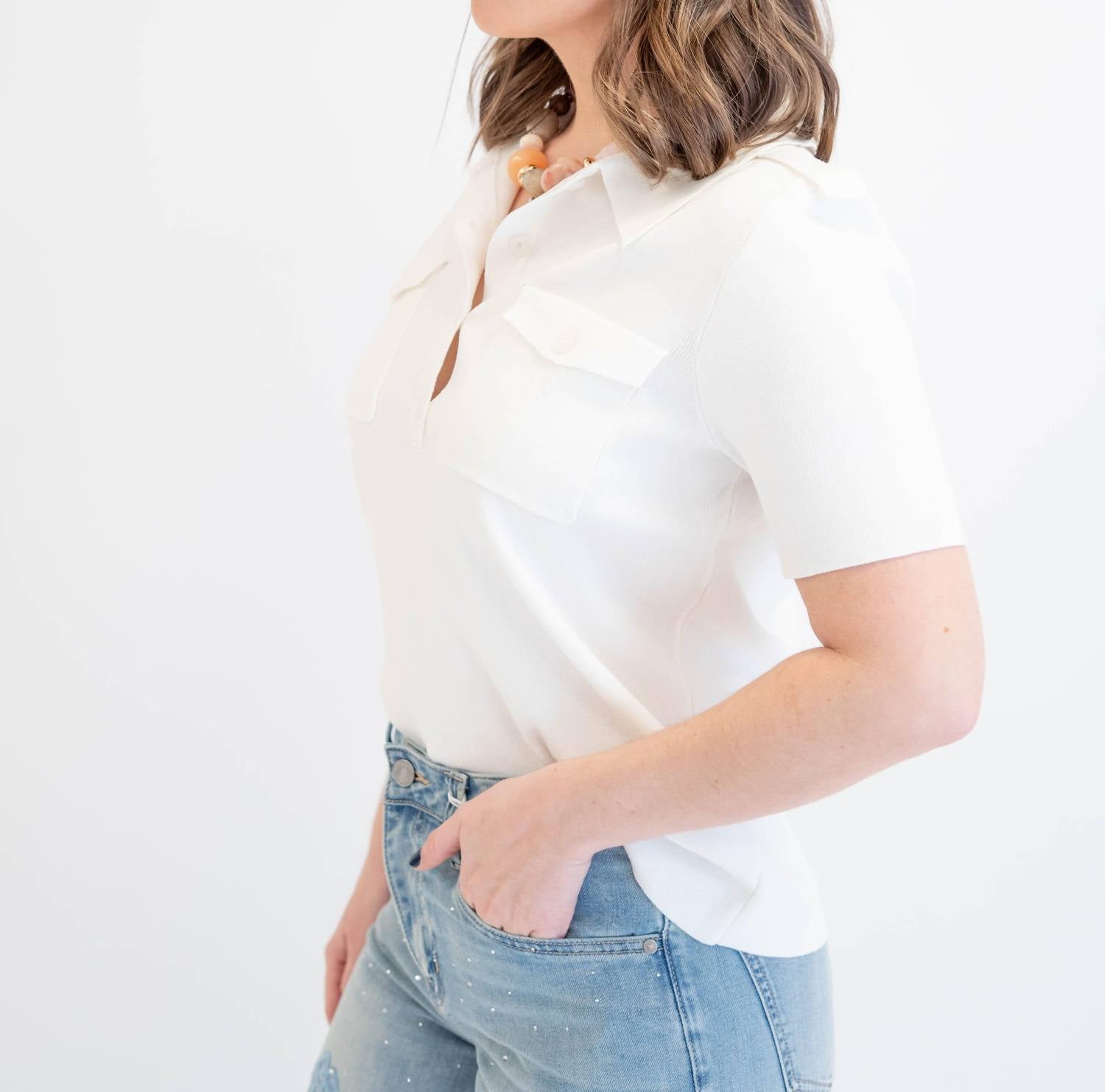 WHITEROOM+CACTUS Anna Knitted Button Down Top in ivory - women's t-shirt - view 4