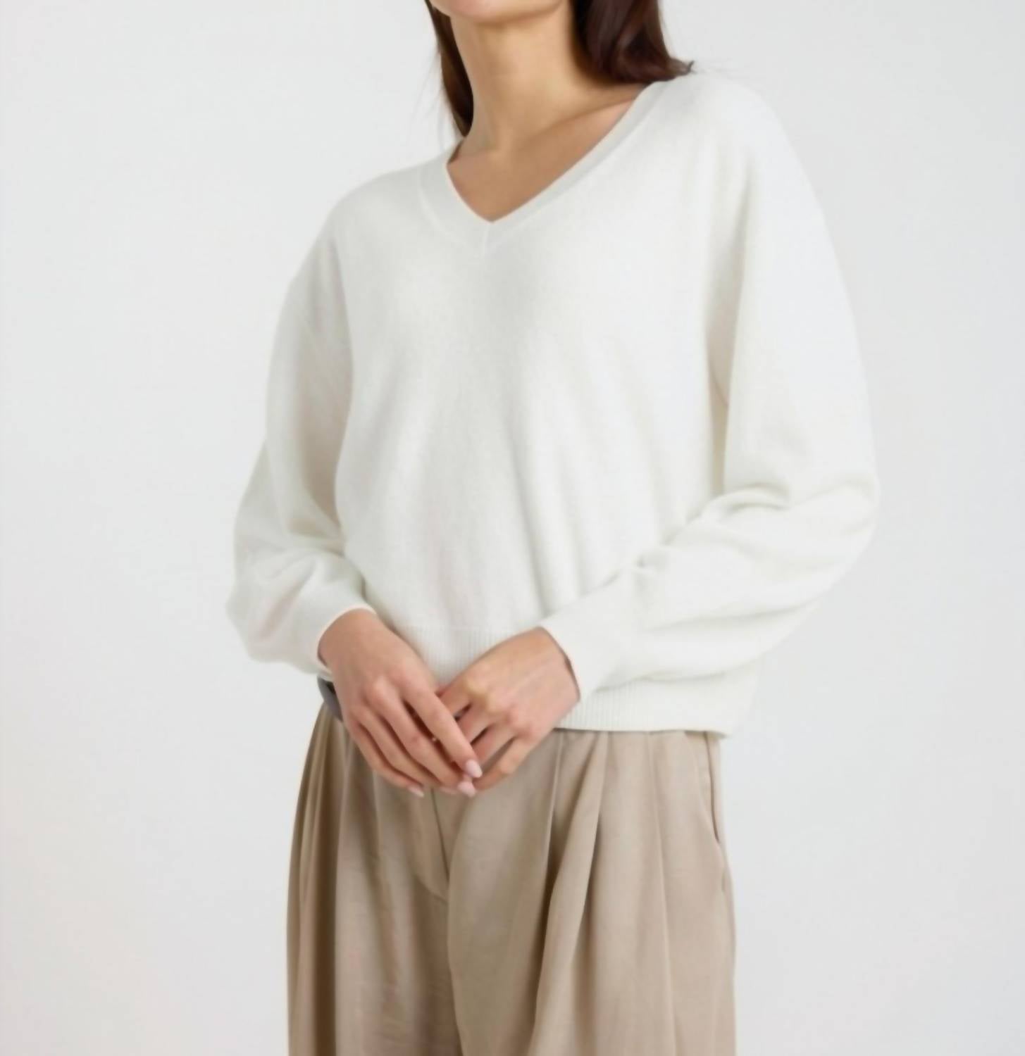 Brodie Cashmere Matilda V-neck Cashmere Jumper in antique white - women's sweater - detail view