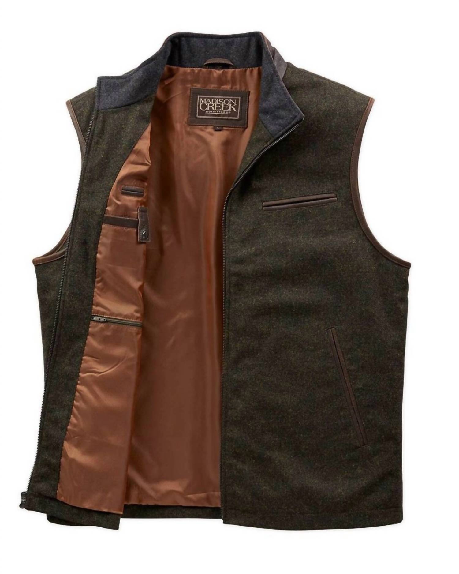 Madison Creek Outfitters Asheville Wool Vest in forest donegal - men's jacket - detail view
