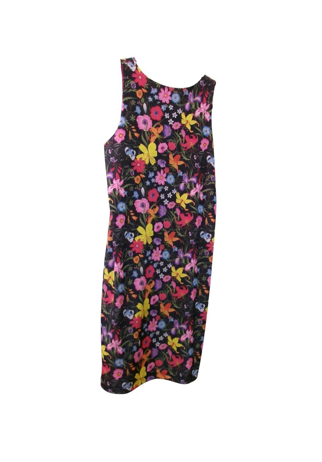 Nally & Millie Women's Reversible Sleeveless Dress in pink yellow red floral and red purple - women's dress - detail view