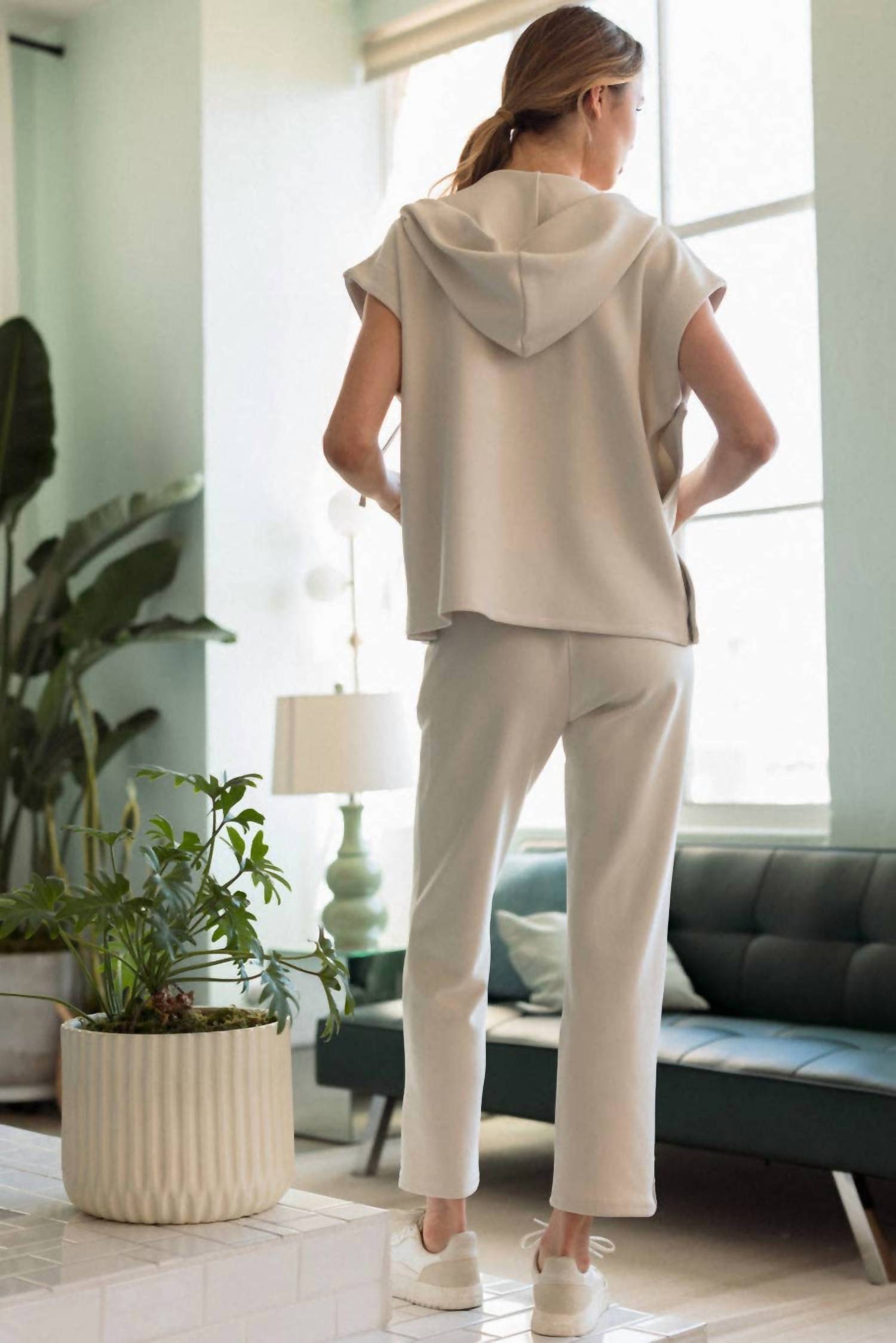 Joh Felix Stretch Crepe Knit Pant in beige - women's pants - detail view