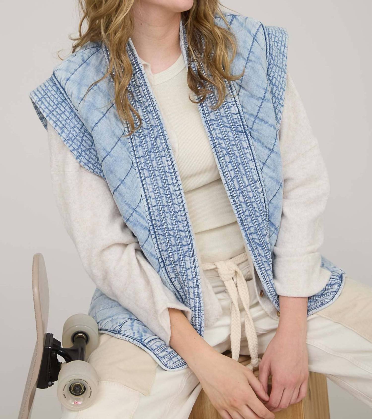 Blu Pepper Quilted Vest in washed denim - women's jacket - detail view