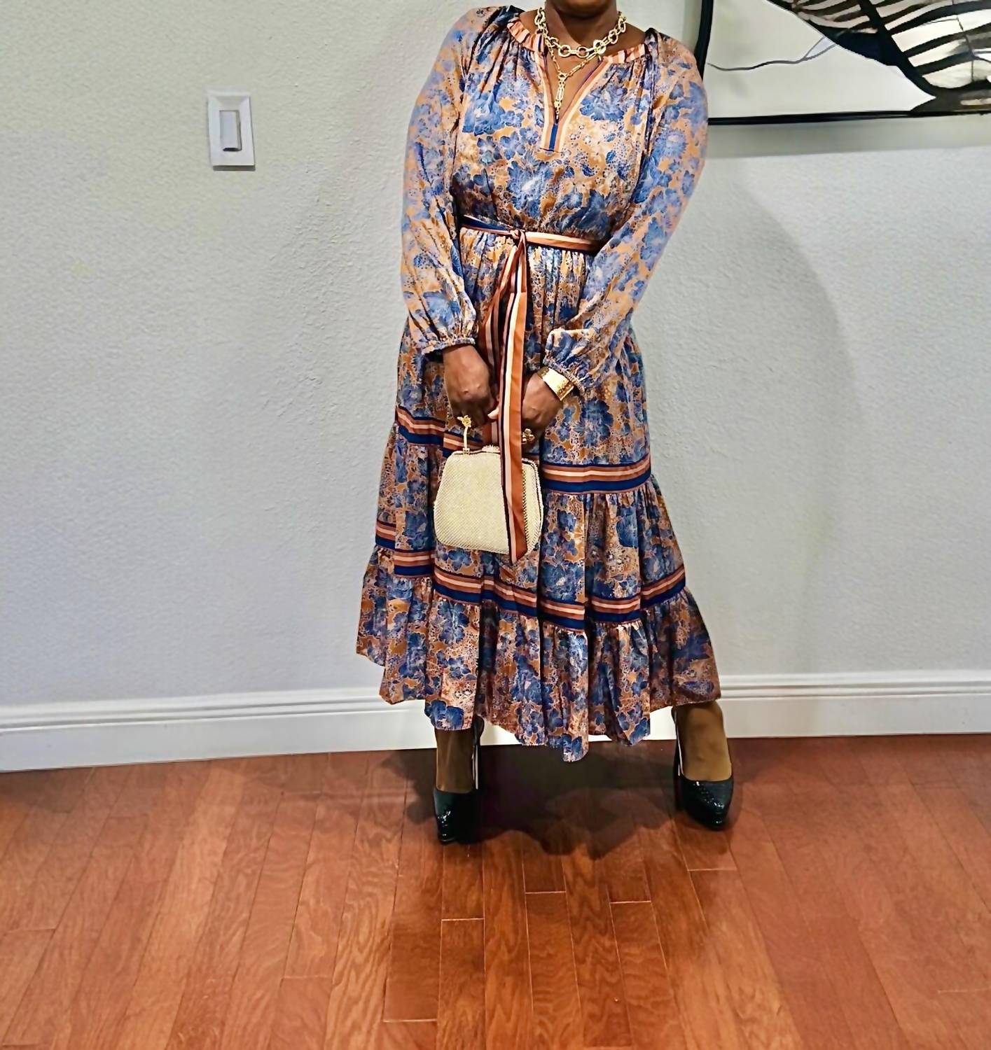 current air Split VNeck A line Floral Print Dress in brown multi - women's dress