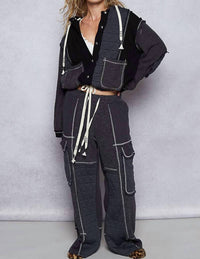 POL Hooded Button Down Combo Shacket in charcoal black - women's jacket