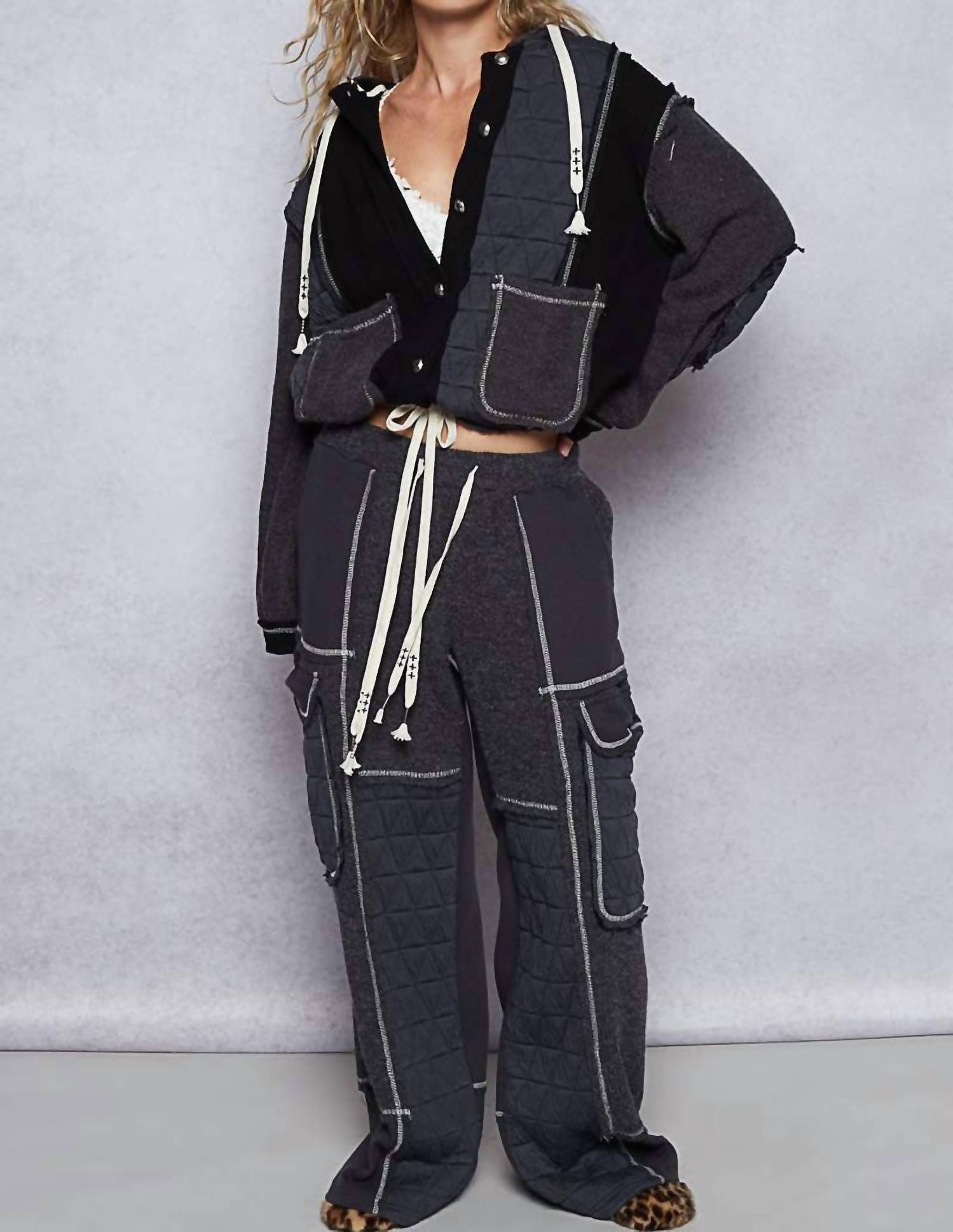 POL Hooded Button Down Combo Shacket in charcoal black - women's jacket