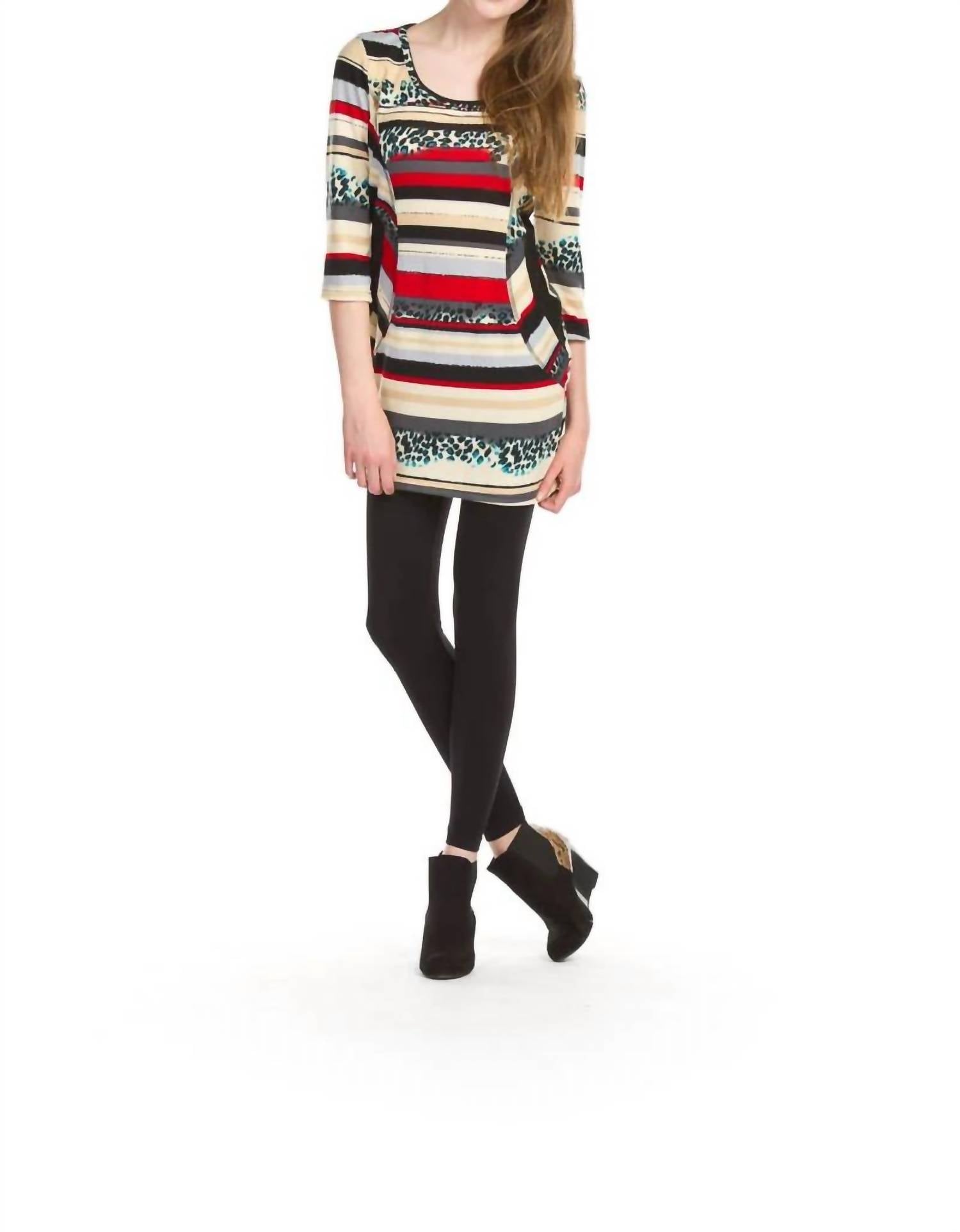 Papillon - Stripe Animal Print 3/4 Sleeve Bodycon Dress