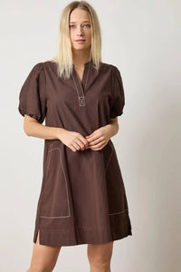 Lilla P - Shirred Sleeve Split Neck Mini Dress