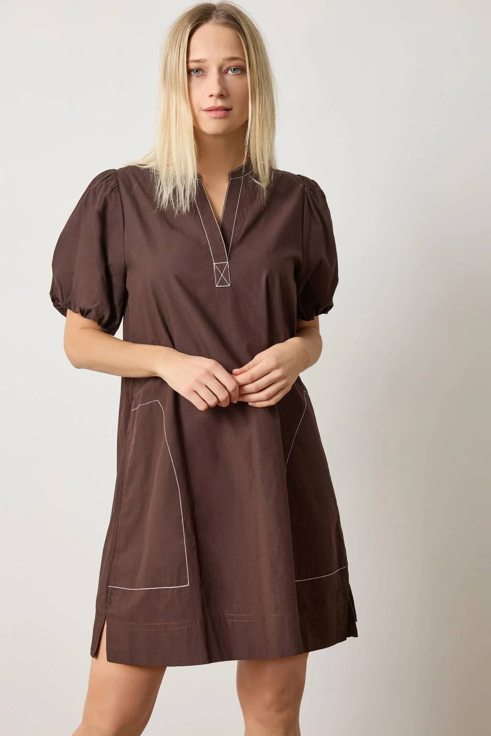Lilla P - Shirred Sleeve Split Neck Mini Dress