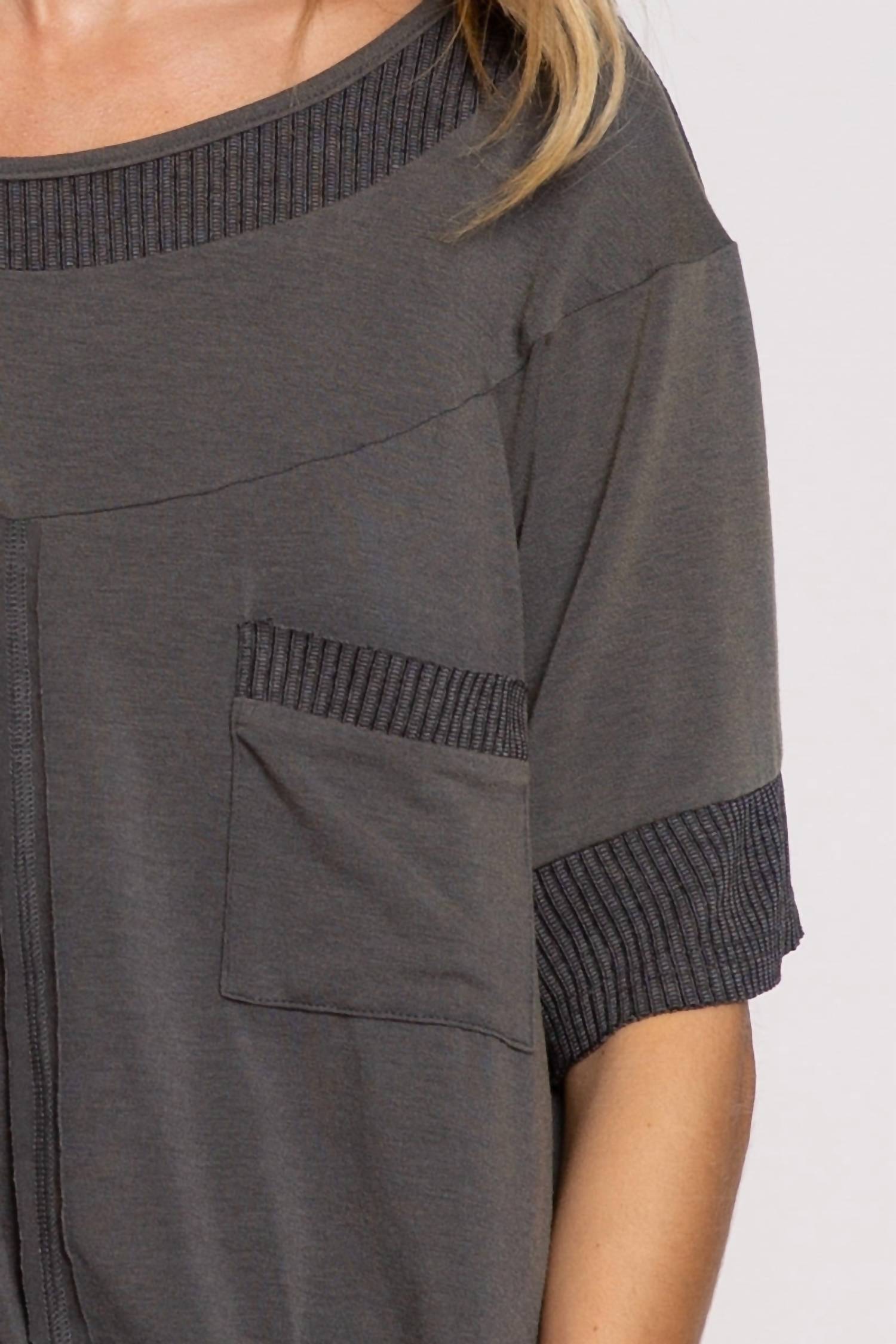 POL Crusin' Rib Trimmed Top in stone charcoal - women's dress - view 5