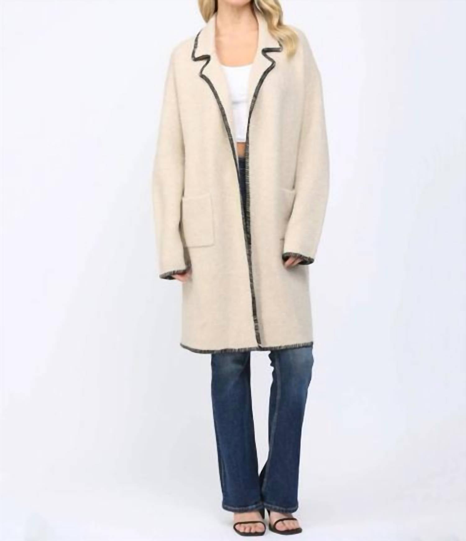 Fate - Contrast Whipstitch Notched Collar Open Cardigan