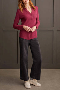 TRIBAL Soft Washed Thermal Henley Top in port wine - women's long sleeve top - alternate view