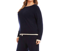 Karen Kane Contrast Crewneck Sweater - Plus in navy with cream - women's sweater - alternate view