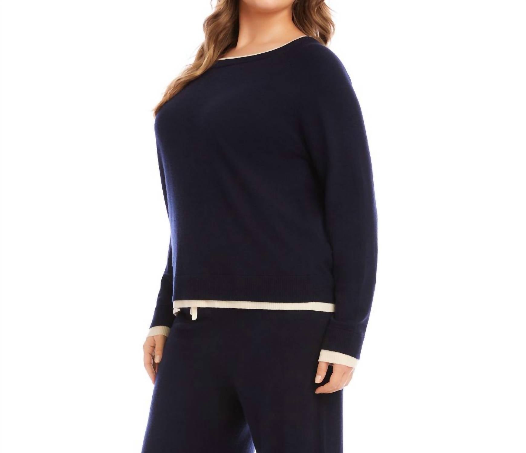 Karen Kane Contrast Crewneck Sweater - Plus in navy with cream - women's sweater - alternate view