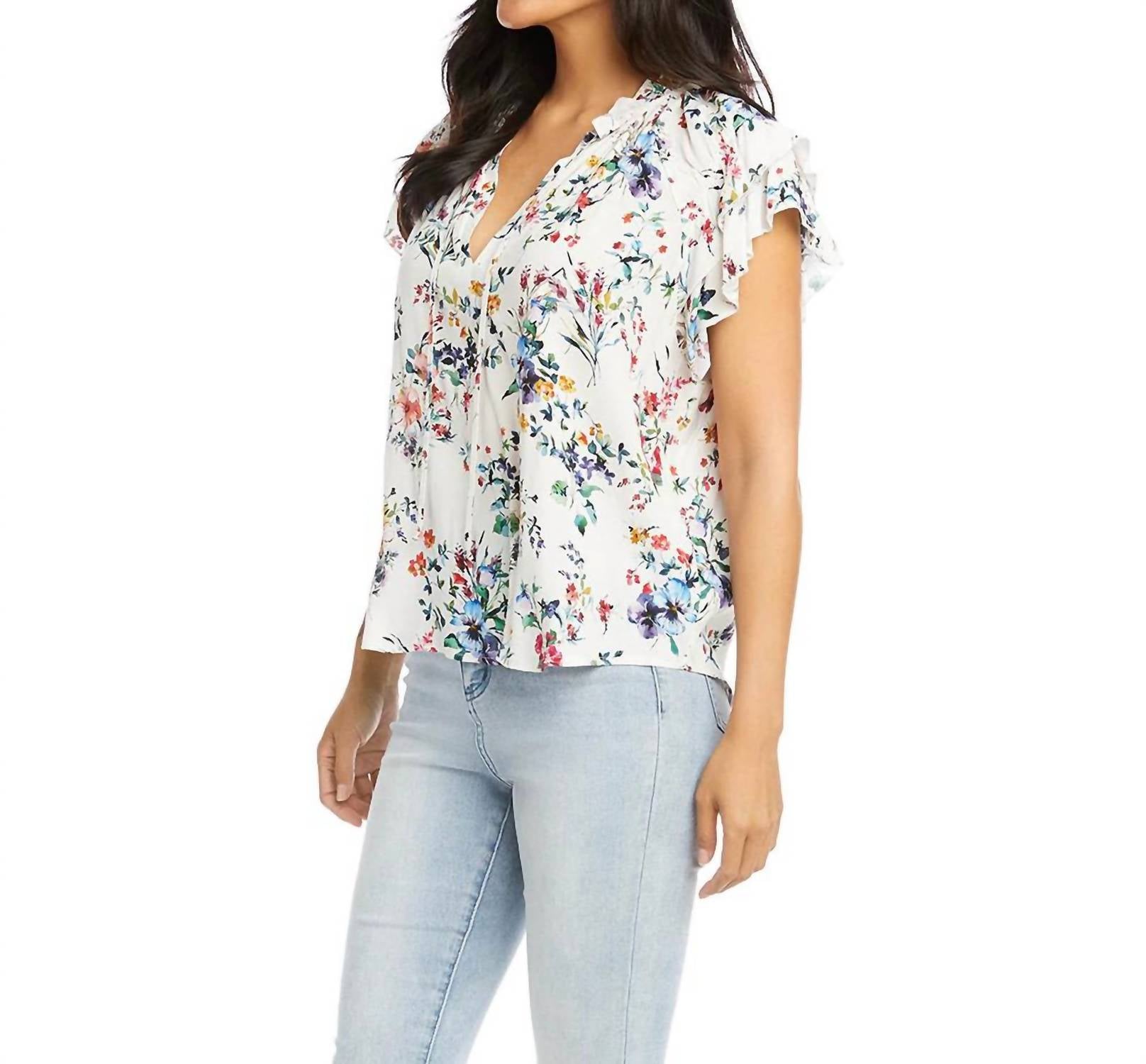 Karen Kane Sasha Short Sleeve Ruffle Tie-neck Top in multi color - women's blouse - alternate view